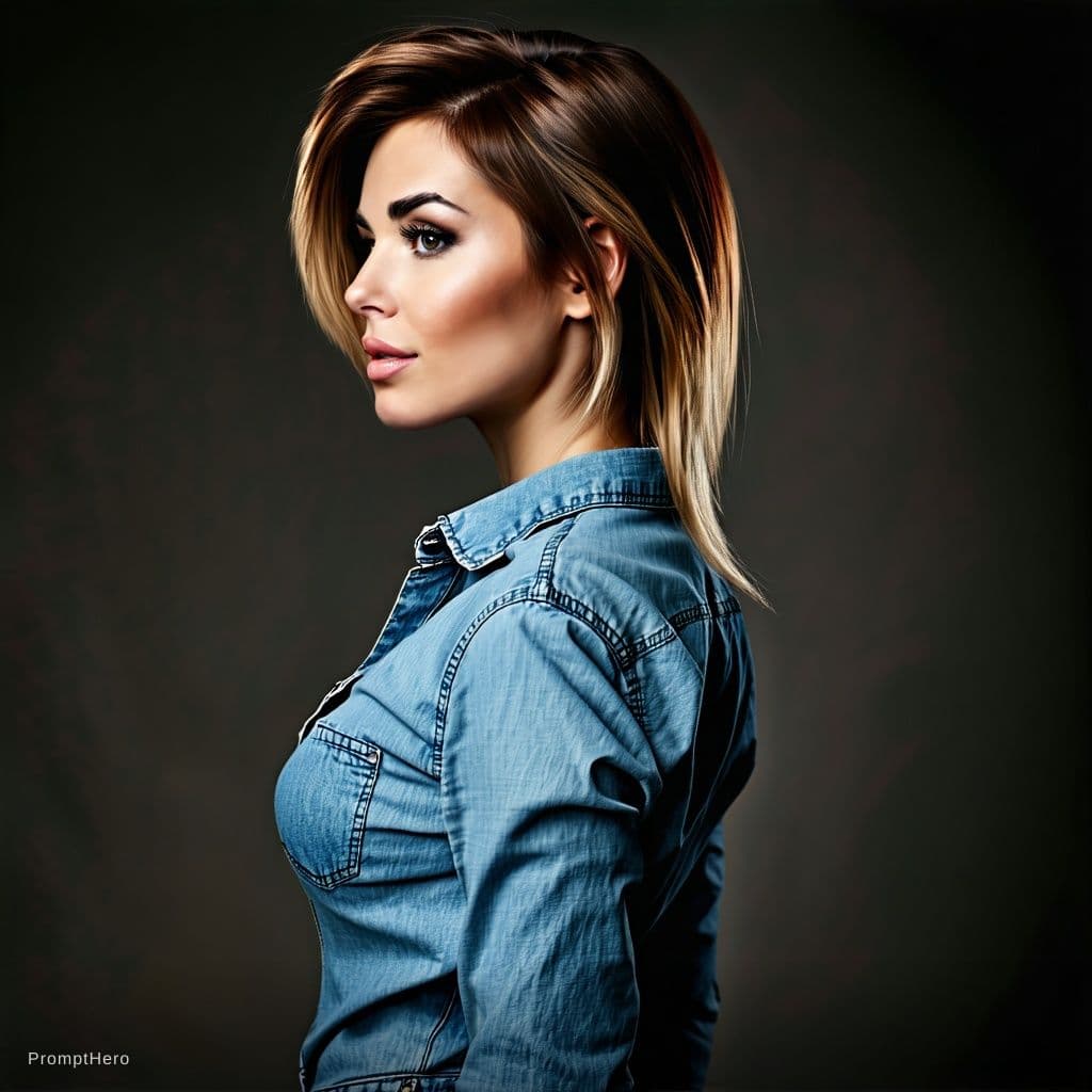 AI generated: An image of a woman in a side profile with a confident pose. She has brown hair with bronze highligh...