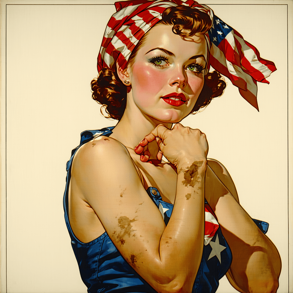 AI generated: Cover art quality illustration by ((Joseph Christian Leyendecker)), a Rosie the Riveter, fashion pos...