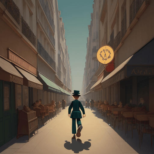 AI generated: an illustration of a boy walking down a street, in the style of disney animation, pre-world war ii s...