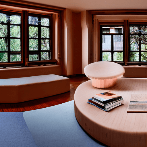 AI generated: High resolution photography interior design, dreamy sunken living room conversation pit, wooden floo...