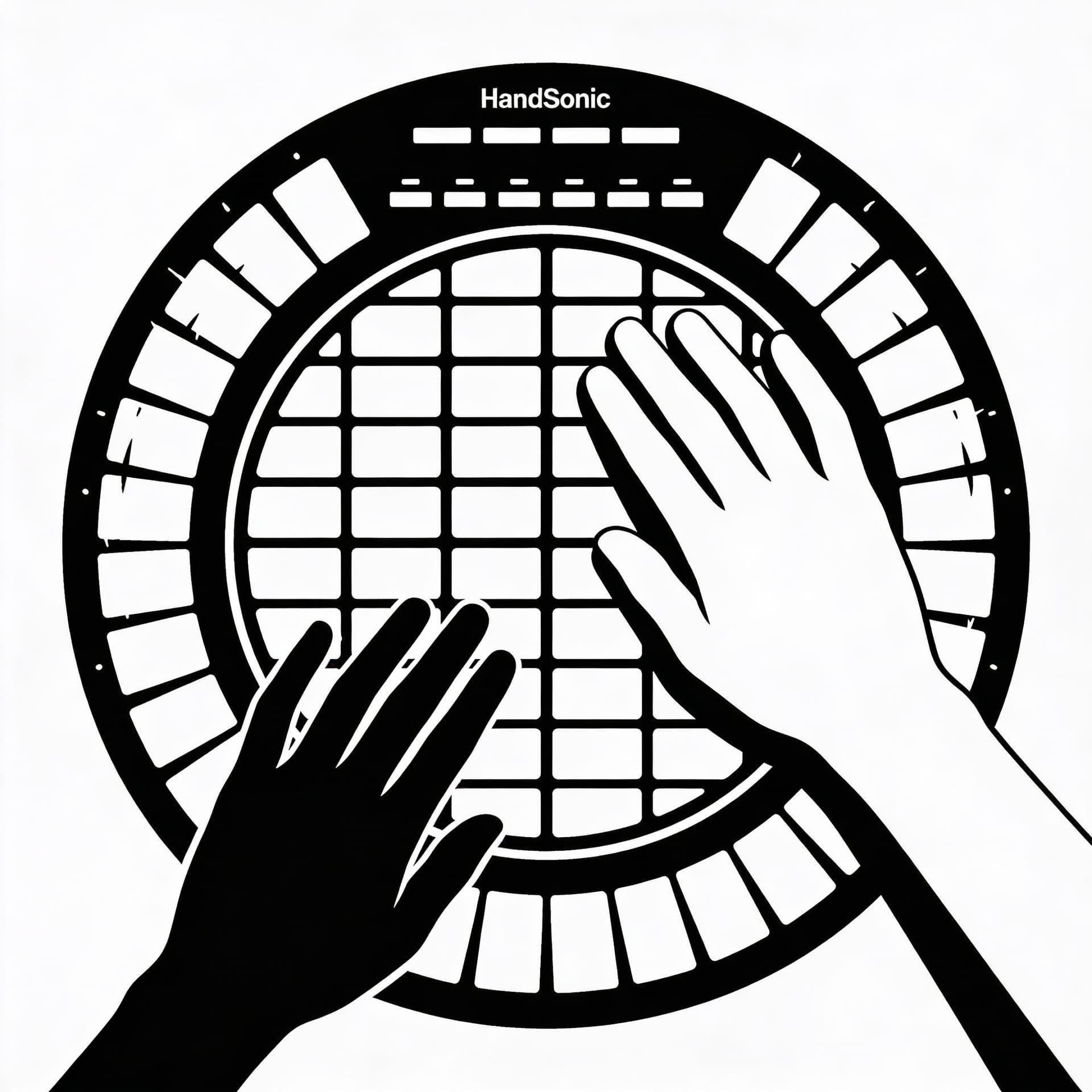 AI generated: Monochrome abstract vector illustration of a HandSonic style electronic hand drum, front view, perfe...