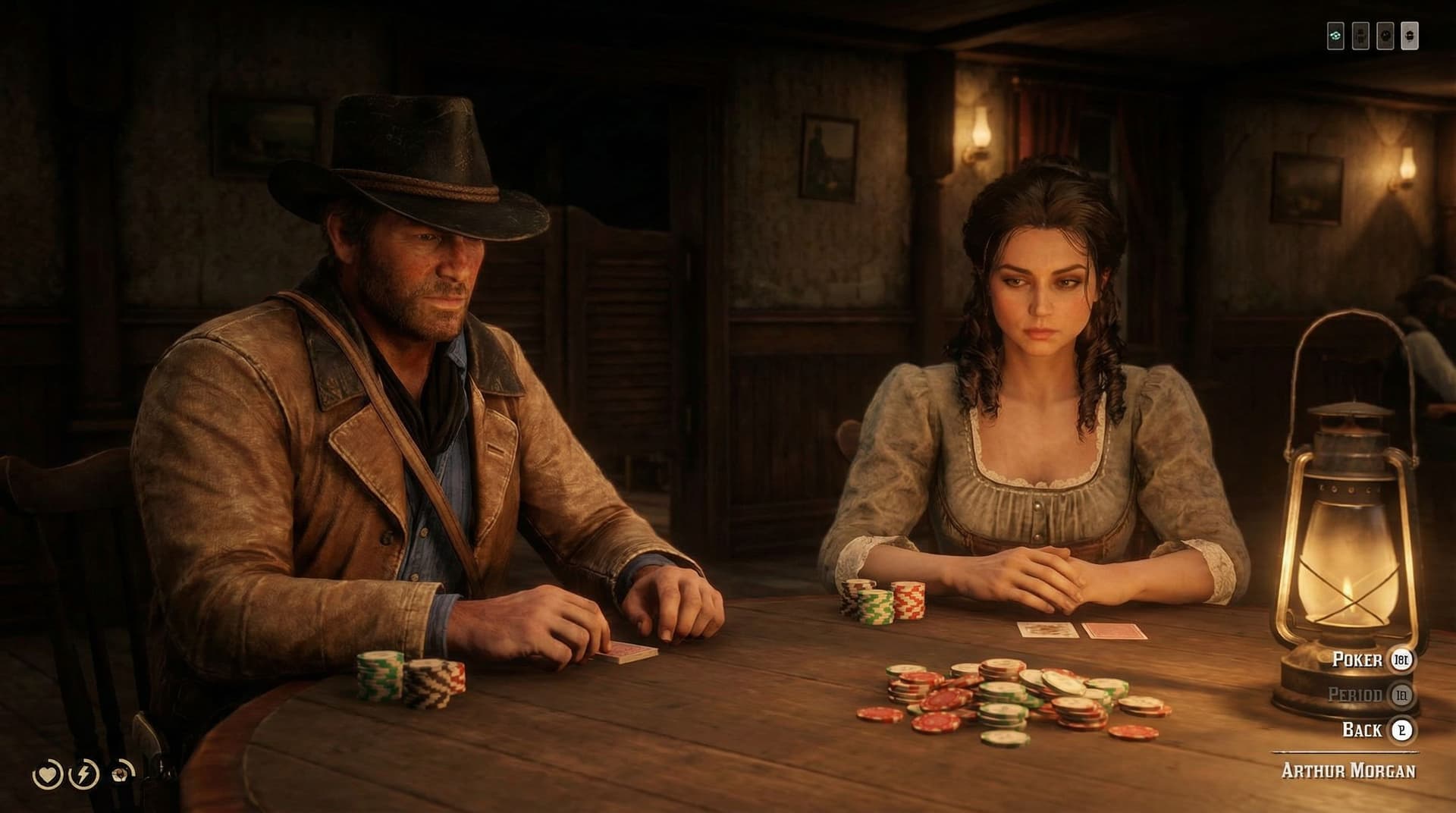 AI generated: Arthur morgan and ana de armas playing poker in red dead redemption 2 , make it in valentine salon w...