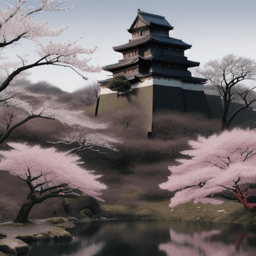 AI generated: In the foreground lonely sakura on a hill, in the background a Japanese castle, black and red, scrol...