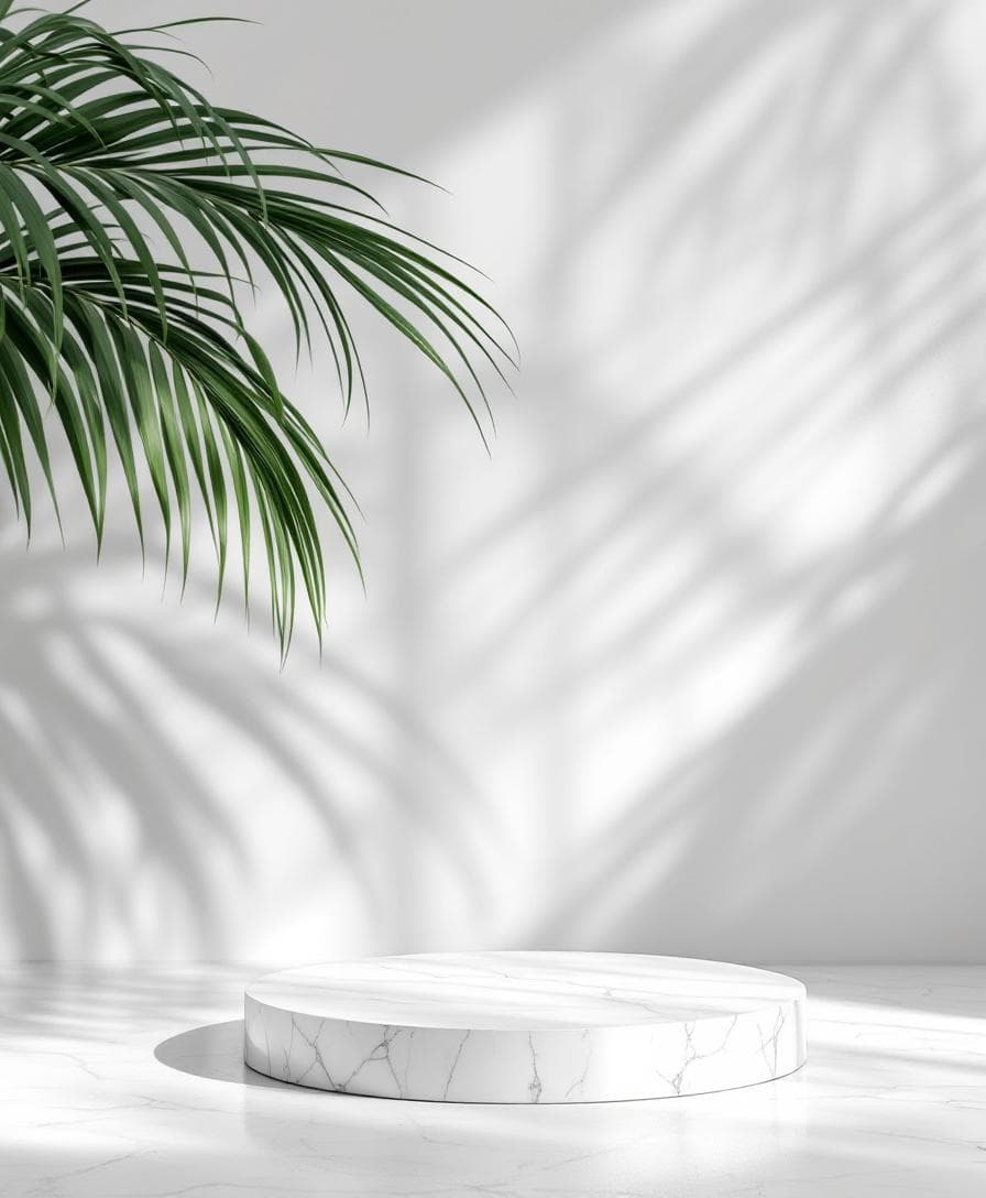 AI generated: Minimalist background, round white marble stand in the center, soft daylight, tropical palm leaves o...