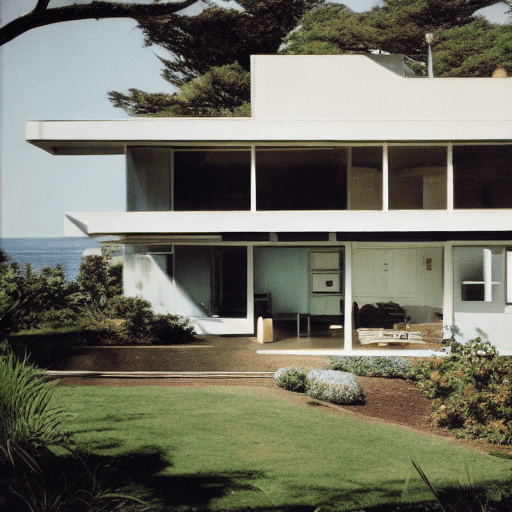 AI generated: Hyper realistic eye level exterior photo of a mid century modern style house overlooking the ocean, ...