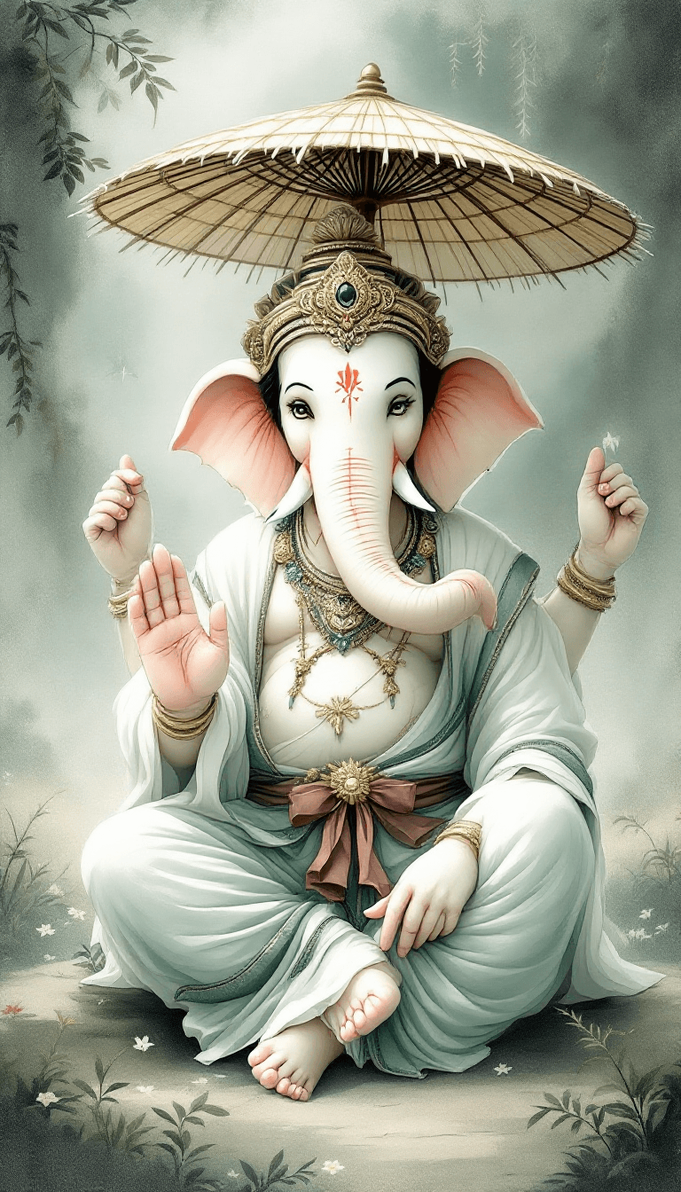 AI generated: painting of lord Ganesha (elephant headed god) dressed in traditional dress with a bamboo umbrella, ...