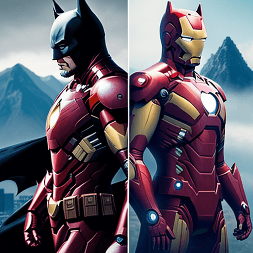AI generated: combat batman vs iron man se combatent, il y a une vue magnifique sur la montagne


