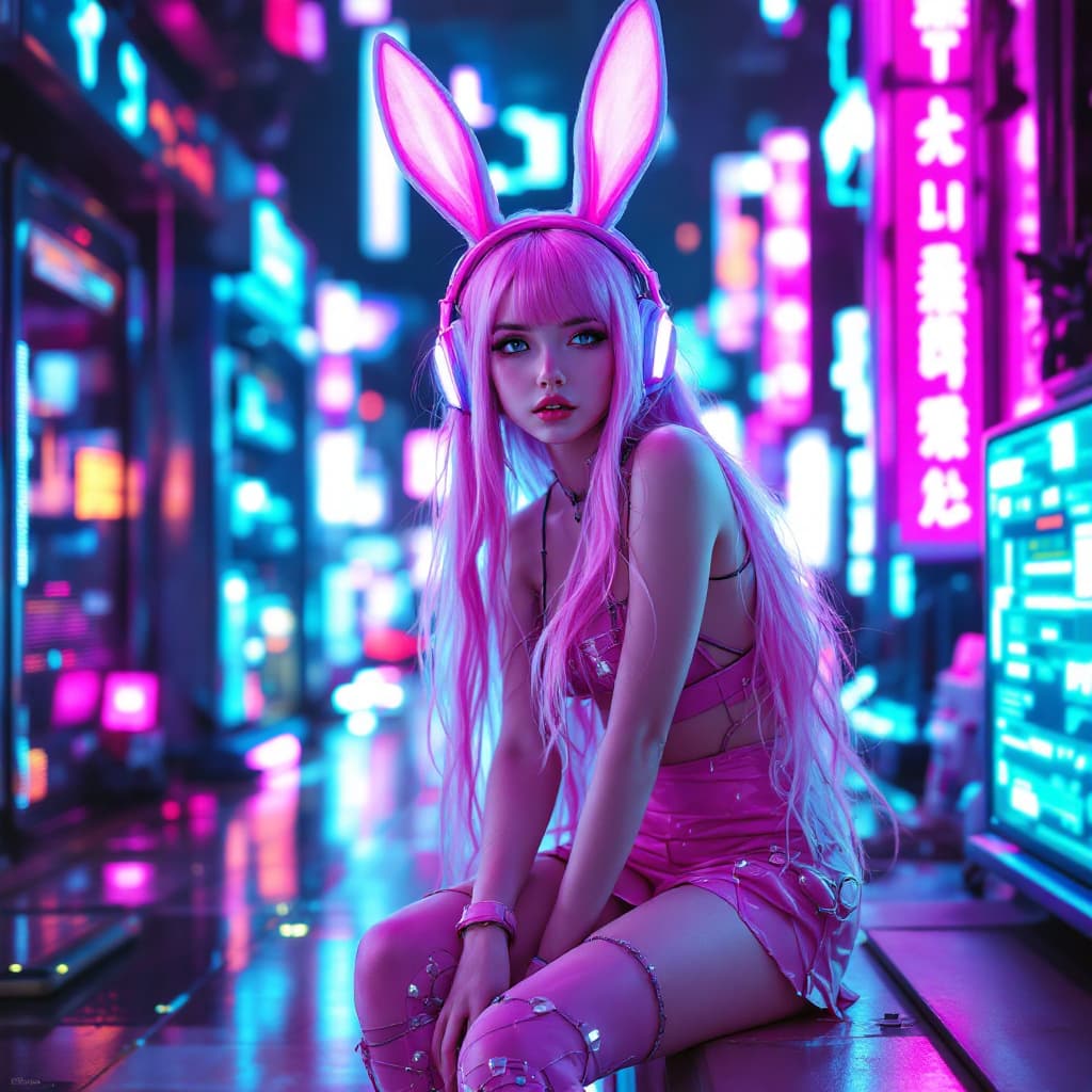 AI generated: The pink bunny girl in the cyber world is a cyberpunk (full body photo), with beautiful long hair, w...