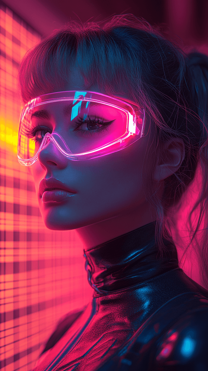 AI generated: A futuristic female robot photographed in a vibrant, retro-futuristic setting inspired by 1980s aest...
