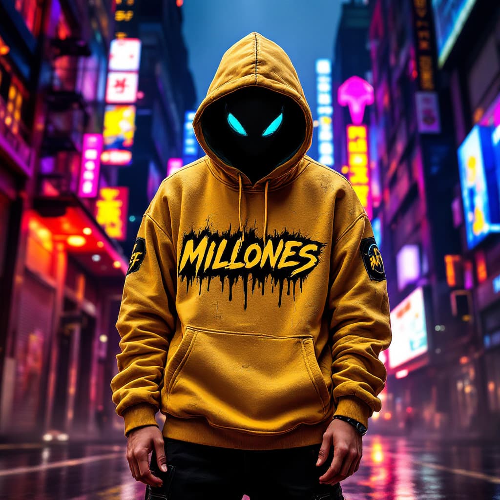 AI generated: cyberpunk GTA, DRAGON BALL GT BROLY  CHARACTER,  WEARING A SWEATER  WITH THE TEXT  "MILLONES" WITH H...