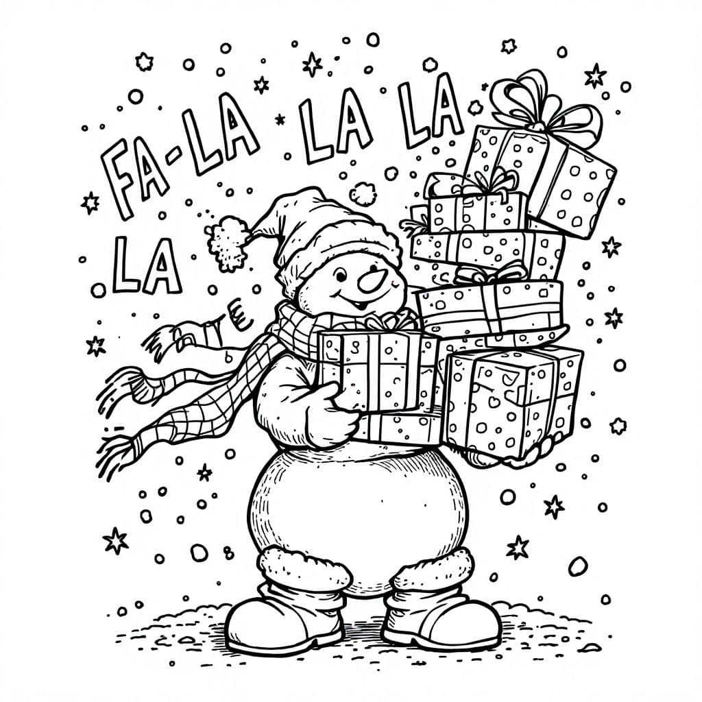 AI generated: A coloring page design with the phrase "FA LA LA LA LATE" and a snowman in a frantic holiday rush. T...