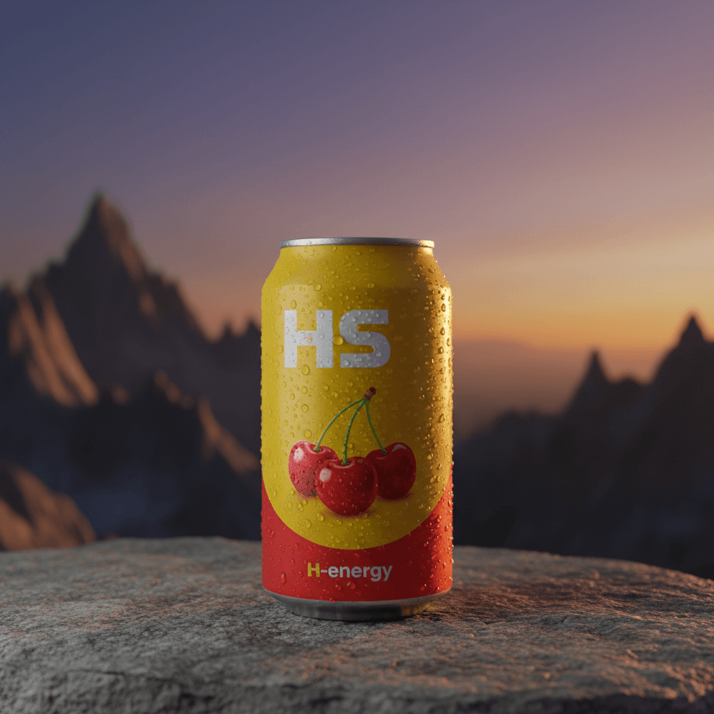 AI generated: A photograph depicting a vibrant yellow and red "H-energy" can with condensation droplets delicately...