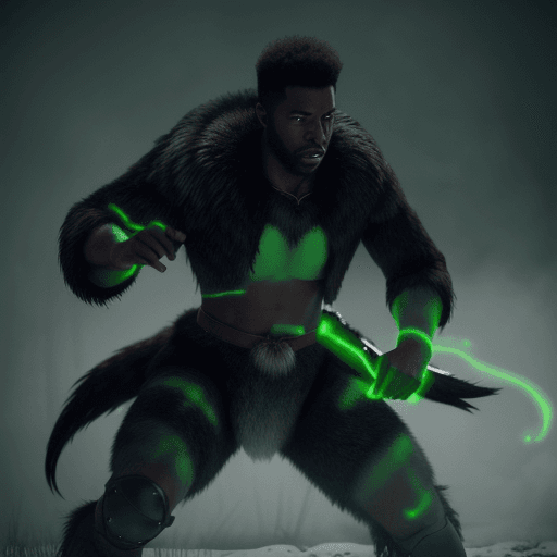 AI generated: five black male soldiers wearing wolf pelts fight with green glowing magic, hyper-realism, high deta...