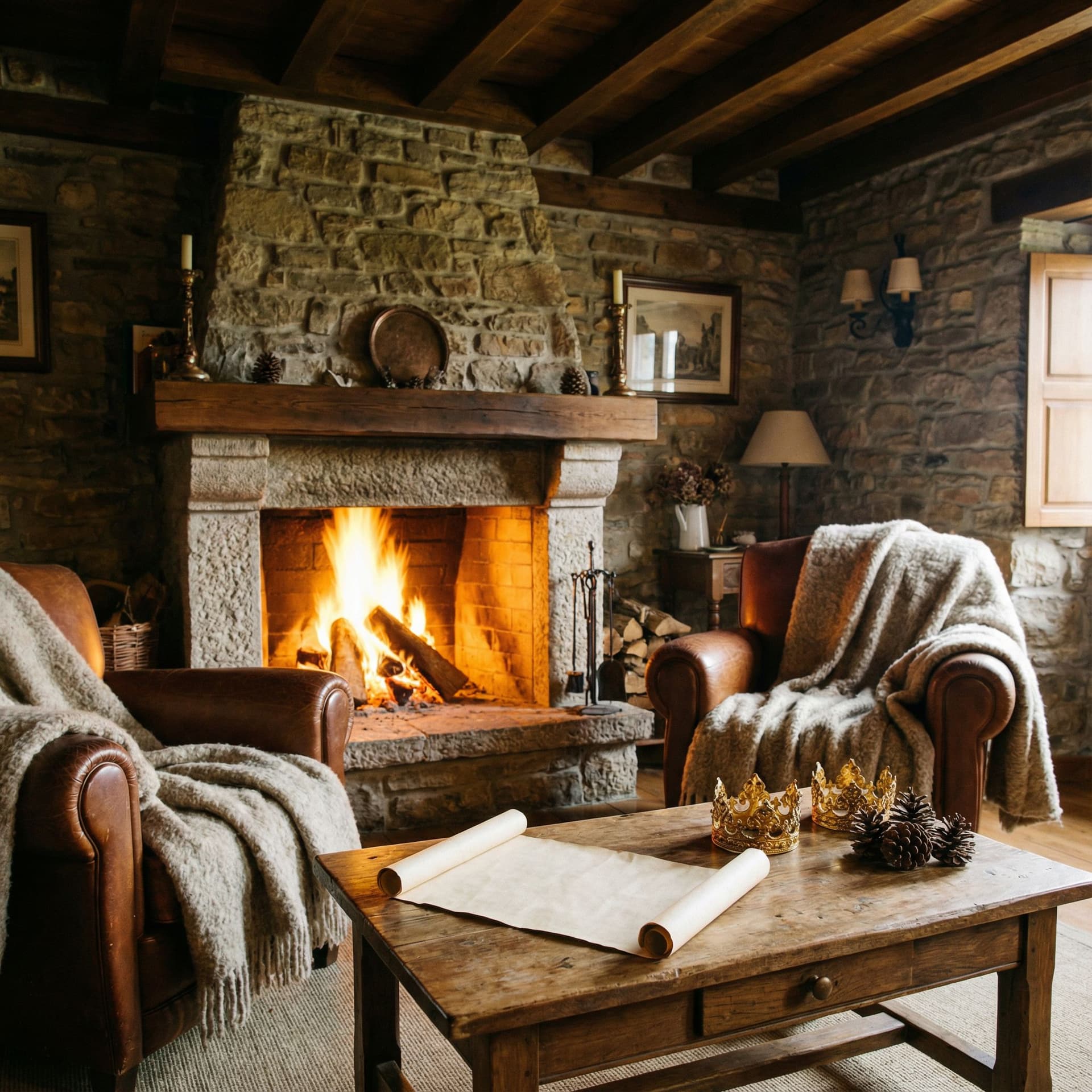 AI generated: A warm photograph of a rustic stone cottage interior in Northern Spain. A roaring stone fireplace wi...