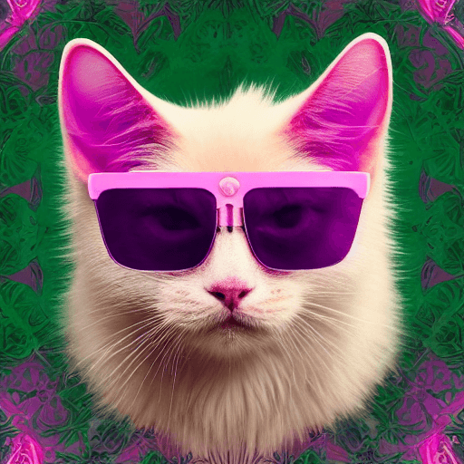 AI generated: Portrait of a cute fluffy pink cat wearing large sunglasses + colorful, centre image, clean borders,...
