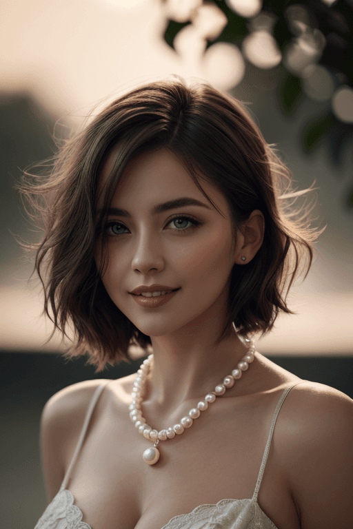 AI generated:   portrait photo of cute brunette woman ,sensually open mouth,perfect teeth,small chin, clear green ...