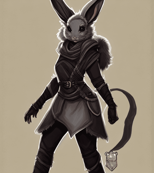 AI generated: female d&d harengon, female dnd rabbitfolk, :: grey fur with light black tipped ears, female rogue w...