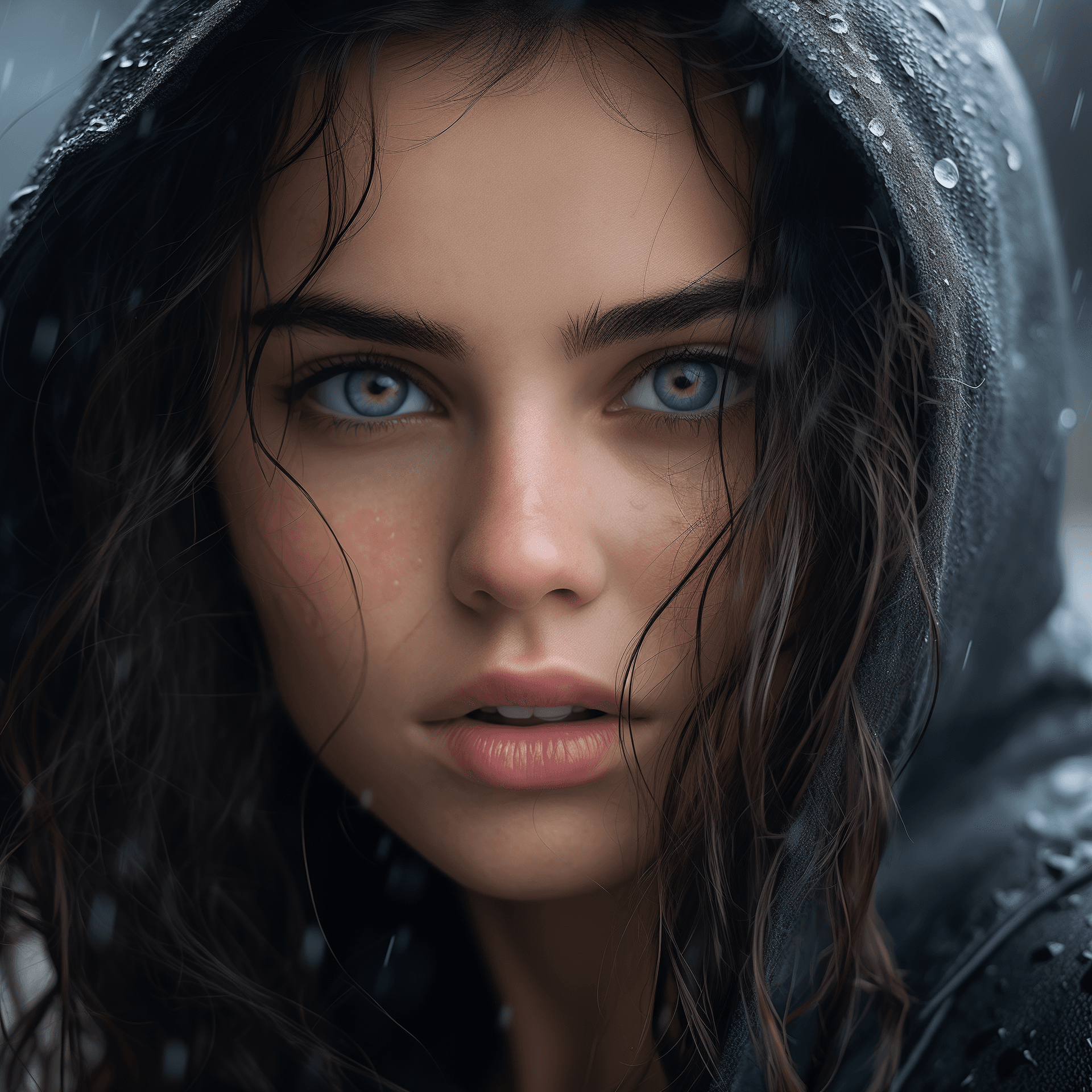 AI generated: generate a photorealistic close-up portrait of a beautiful girl standing in the rain on a street wit...