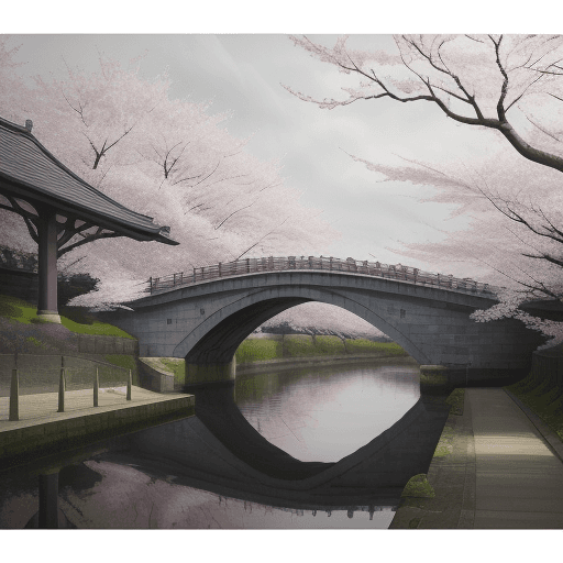 AI generated: For people walk the bridge under a large cherry blossom, in the style of atmospheric paintings, gray...