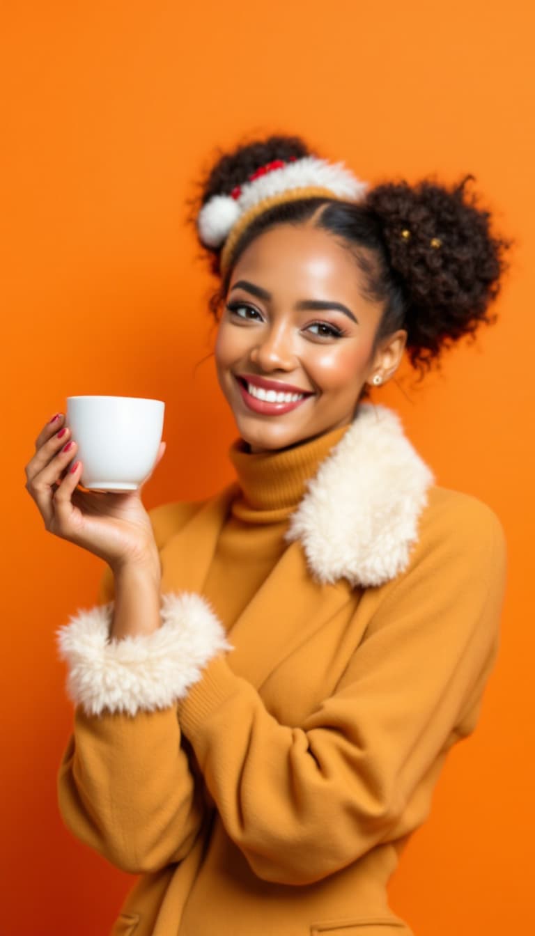 AI generated: A 35 years old woman with two buns hairstyle, wearing christmas suit and smiling happily while holdi...