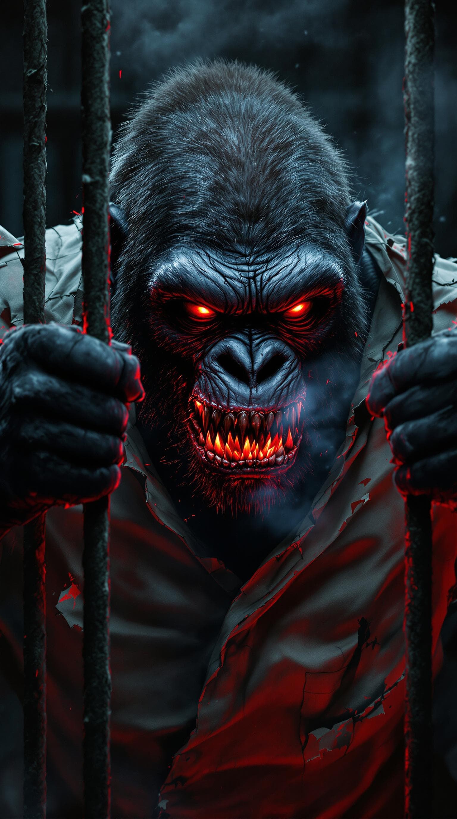 AI generated: A demonic gorilla with red glowing veins, wearing a torn prison uniform, smashing through thick meta...