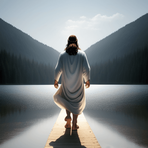 AI generated: jesus walking on the middle of the galileia lake. it is and storm night. there is a boat woth his di...