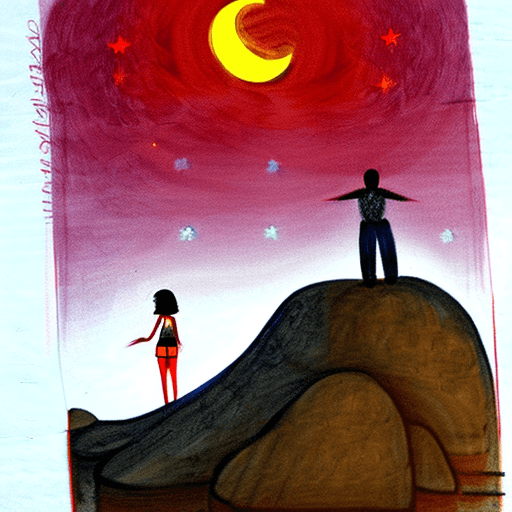 AI generated: please draw me a couple sitting on the seashore, on the rocks in the night, make it look from the ba...