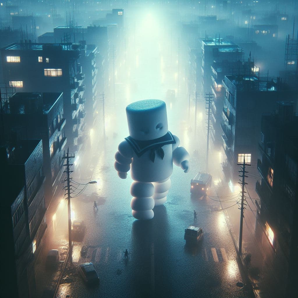 AI generated:  Overhead view of a futuristic, nocturnal street immersed in thick fog and humidity. A giant Marshma...