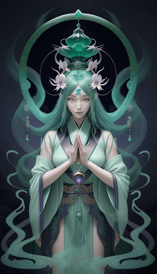 AI generated: A mysterious anime sorcerer from the Tang dynasty with an orchid hair accessory and a jade charm at ...