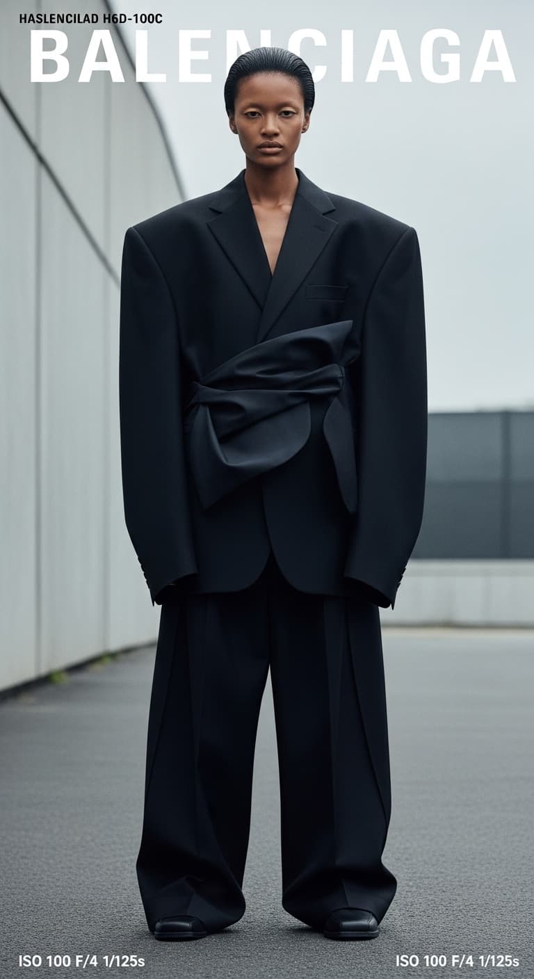 AI generated: High-fashion color editorial of a Black female model for a Balenciaga magazine cover. Shot with a Ha...