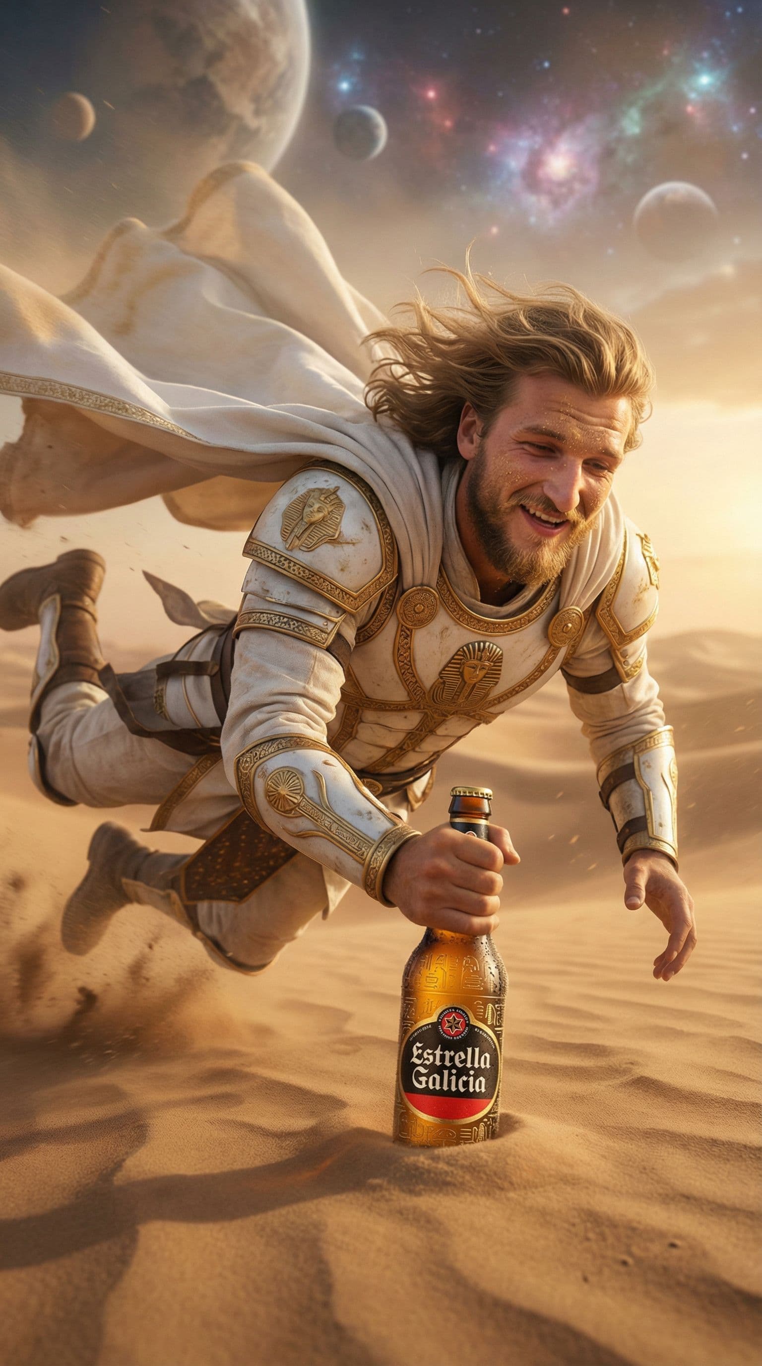 AI generated: him as a god in luxurious white and gold armor, captured in a dramatic falling moment in a fantastic...