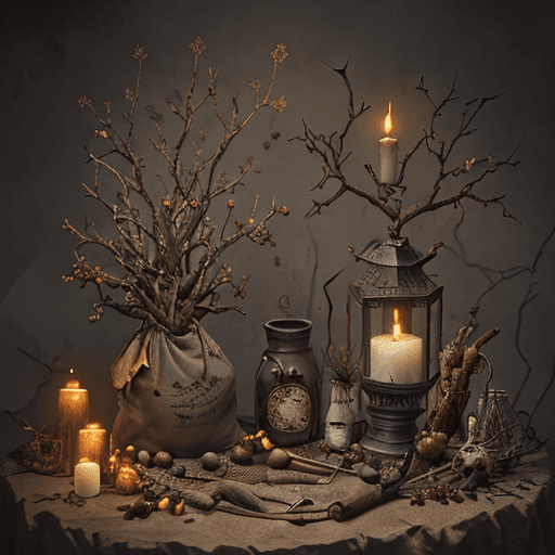 AI generated: Large rustic antique gris-gris bag,  magic symbols on it, ochre yellowish in color, tied with thorns...