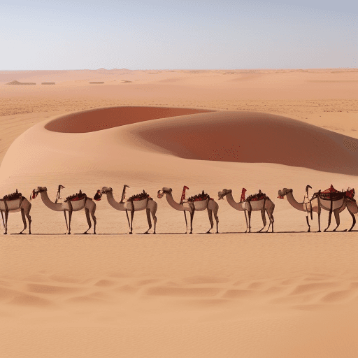 AI generated: image of a lush rose bush in the Sahara desert, in the background a caravan of camels.
