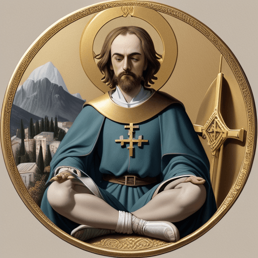AI generated: Abelard, caricature, landscape agent greek, golden thin sticks in circle, meditating, medival clothe...