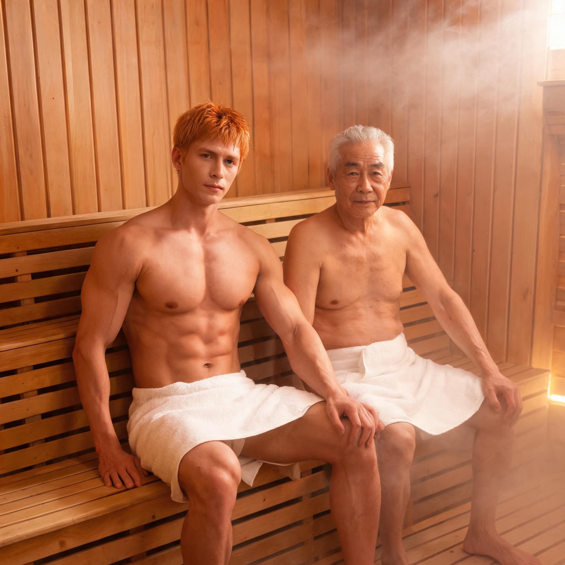 AI generated: high-resolution photo, muscular male with reddish blonde hair, seated in sauna, elderly man wearing ...