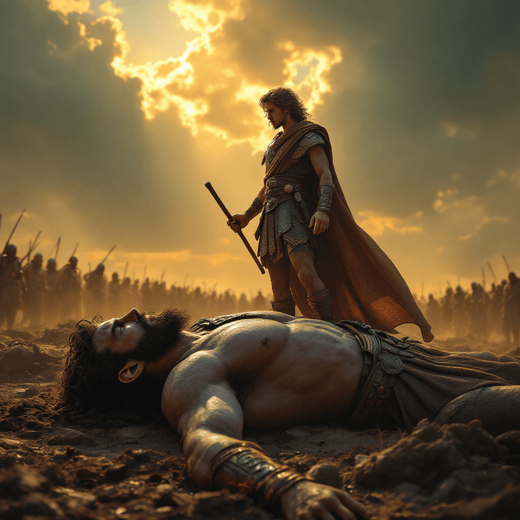 AI generated: Young David standing confidently over the fallen giant Goliath, with a sling in his hand; a dramatic...