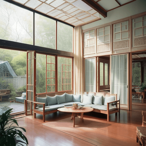 AI generated: High resolution photography ASIAN WOMAN, dreamy sunken living room conversation pit, wooden floor, s...