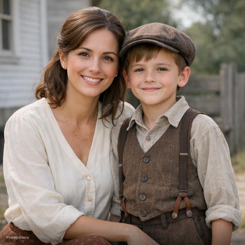 AI generated: show me realistic pic of mother looking 30 and son with old clothes but not torn like a middle class...