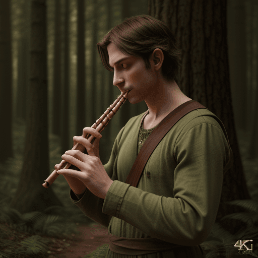 AI generated: an average looking, DnD human, in a forest, plaing a wooden piccolo flute, cinematic light, 4k, phot...