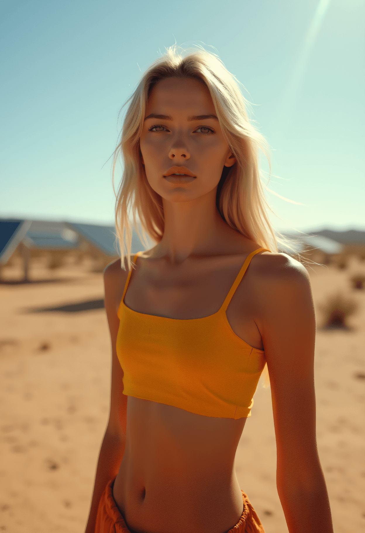 AI generated: Slim woman with defined abs in heat-reflective crop top traversing solar farm in dystopian desert ou...