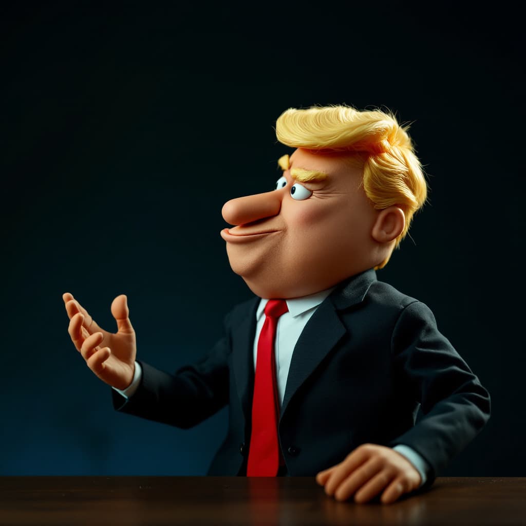 AI generated: stop motion puppet of  Donald Trump, In the style of Robot Chicken