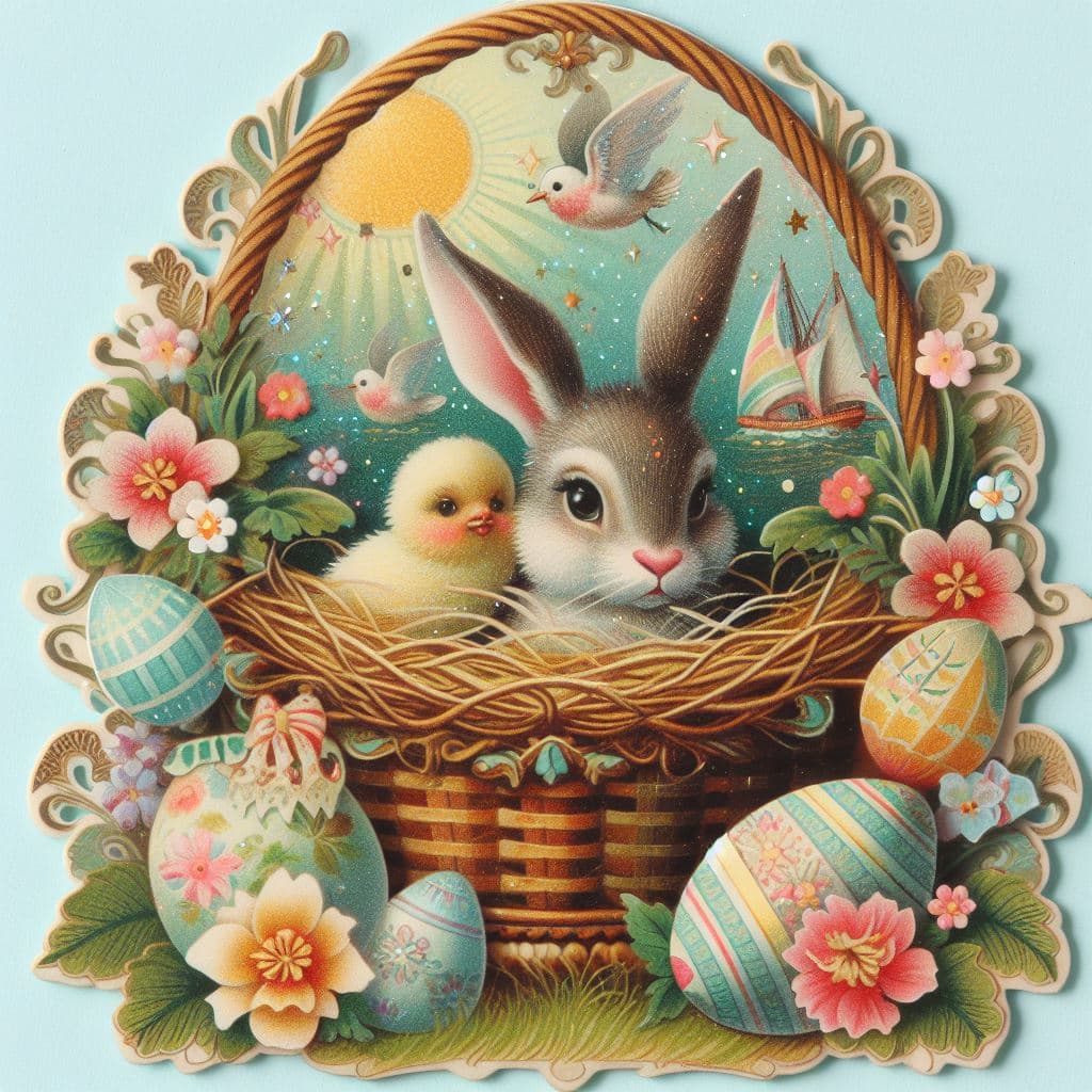 AI generated: Easter-related collectible victorian Die Cut with glitter, nostalgia, 2d, 3d, sharp, high definition...