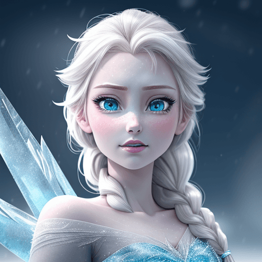 AI generated: elsa, frozen, beautiful face, stunning, ice and snow, anime, big ice chamber in the background, spot...
