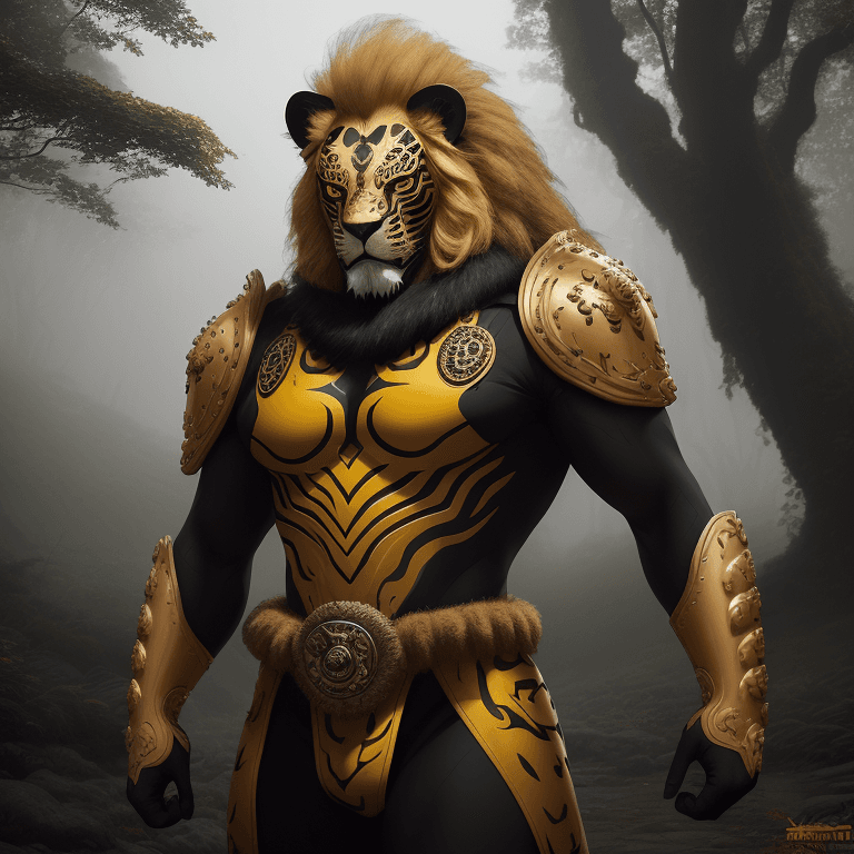 AI generated: jaguar warrior with a wooden mask of yellow, black and a hint of red, in a combat suit made of abund...