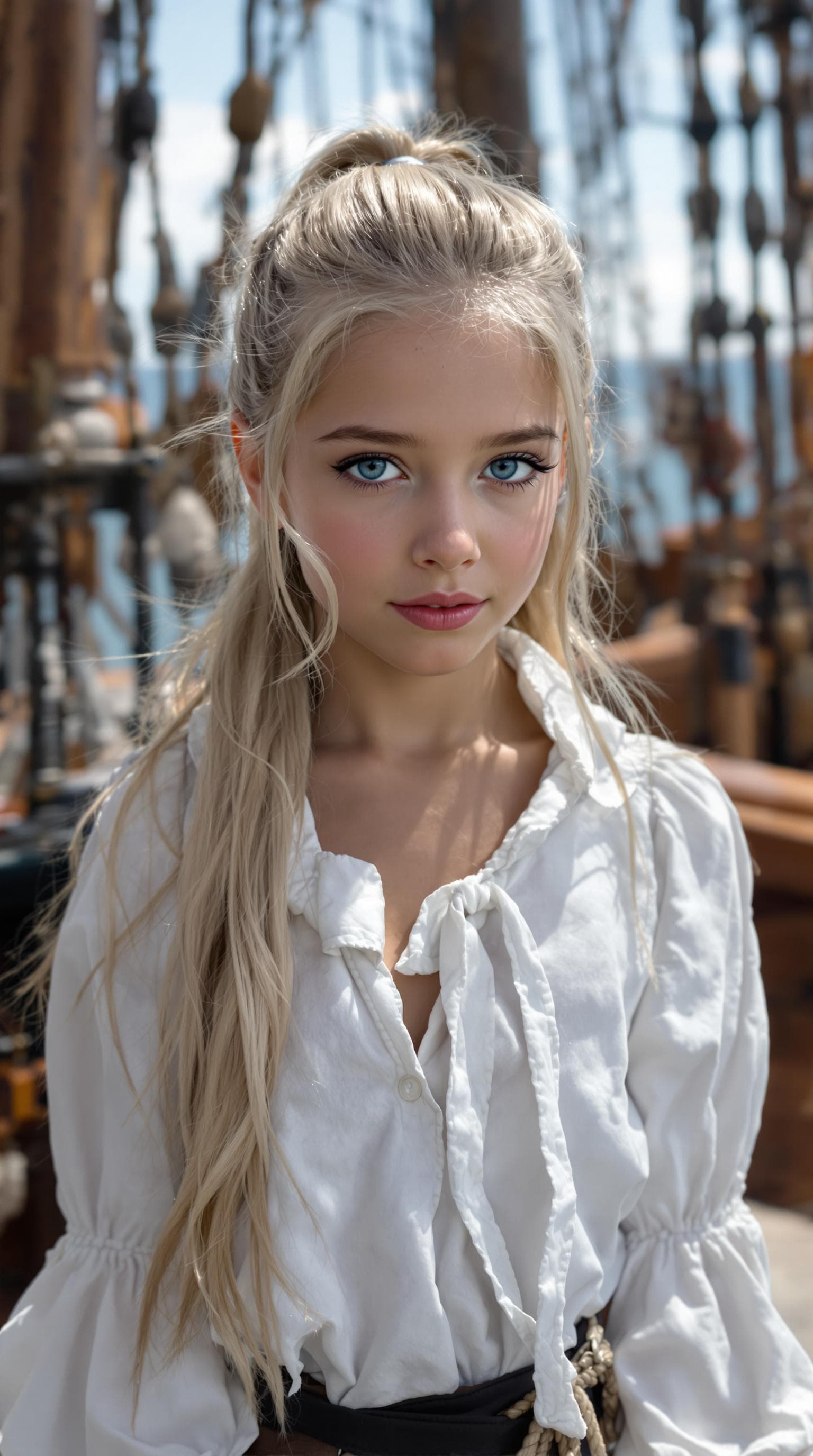 AI generated: a professional photo of a exceptionally beautiful girl aboard pirate ship at sea (age 11), (eleven y...