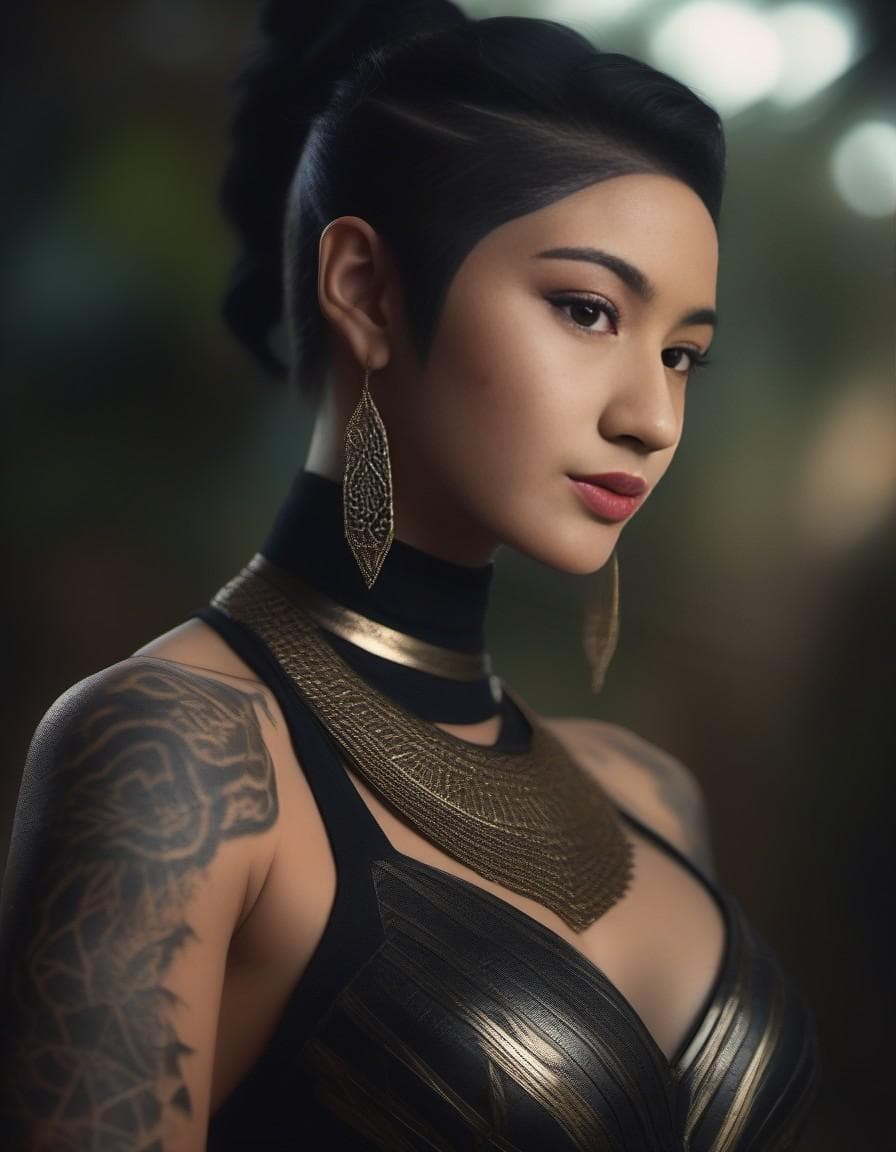 AI generated: female dressed as BLACK PANTHER, tattoos, (full body visible), looking at viewer, portrait, photogra...