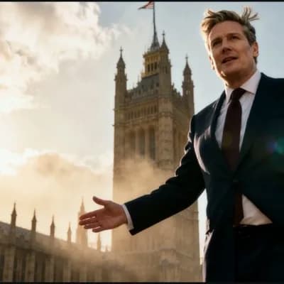 AI generated video: Scene: Confident politician or leader in sharp suit stands with arms outstretched before the Houses ...