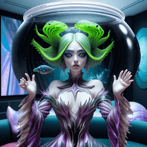 AI generated: female humanoid with scales, exaggeratedly huge eyes, head inside a fishbowl, hair floating, in a li...