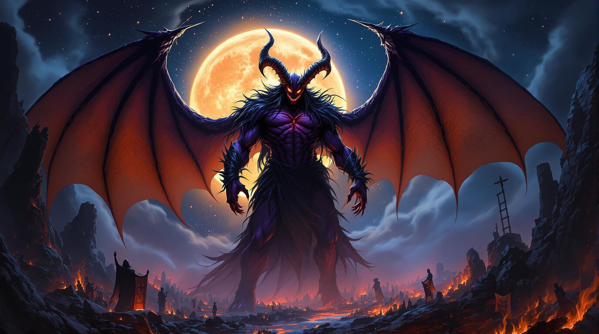 AI generated: A towering avenging demon with deep purple skin, glowing red eyes, and an intense, wrathful expressi...
