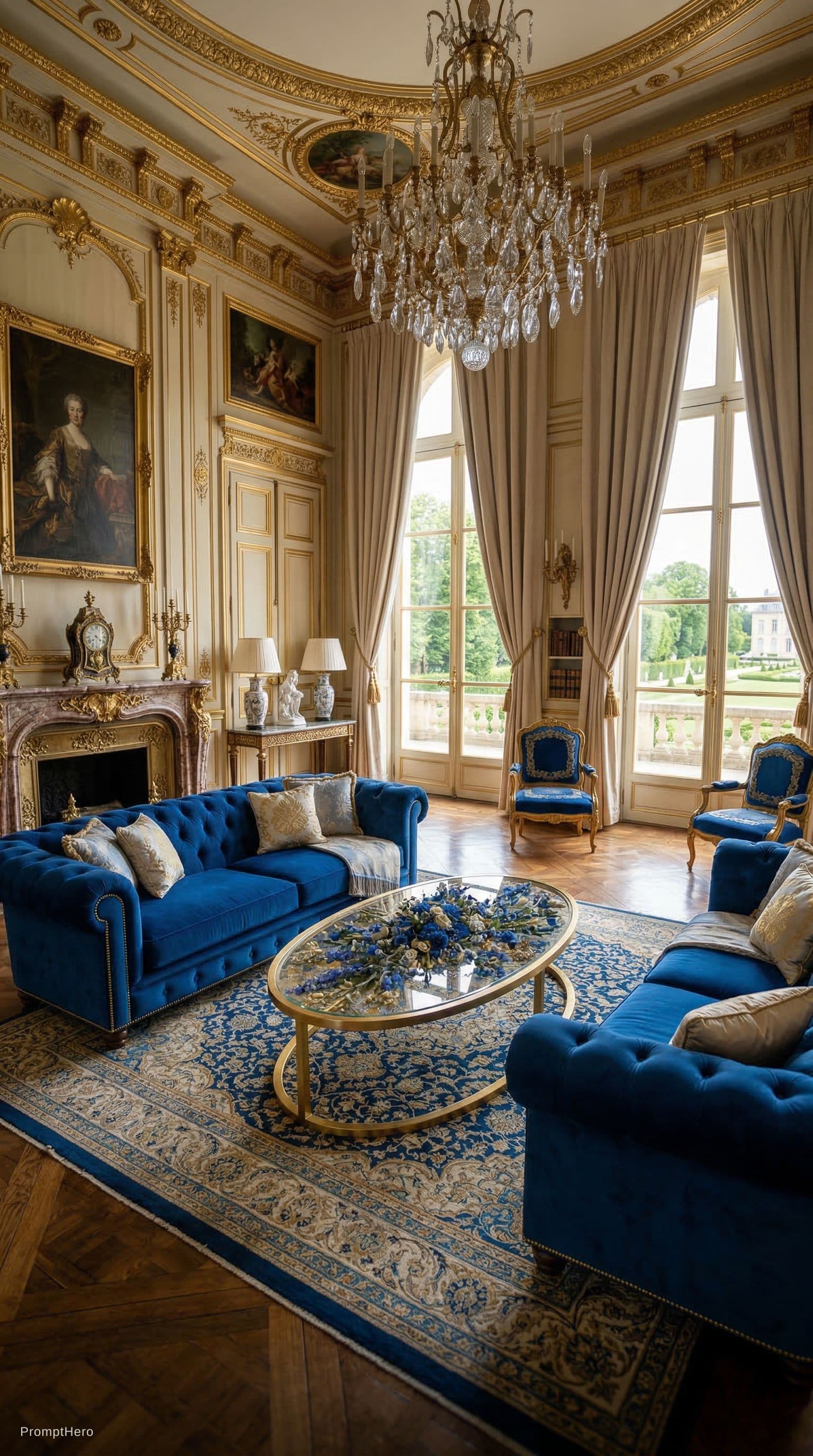 AI generated: ultra realistic luxury royal living room interior, elegant blue velvet sofas, large tall windows wit...